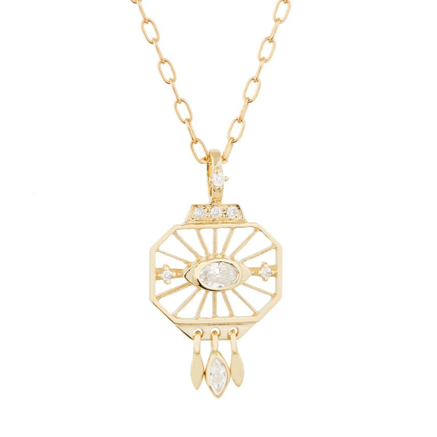 Celine D'aoust gold necklace with open eye pendant and diamonds, front view