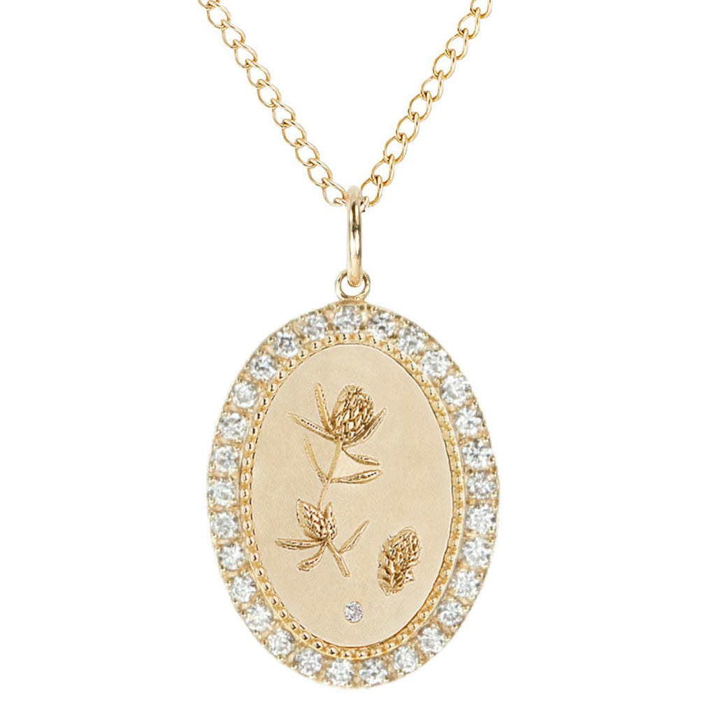 Zahava gold necklace with flower pendant and pave diamonds, front view