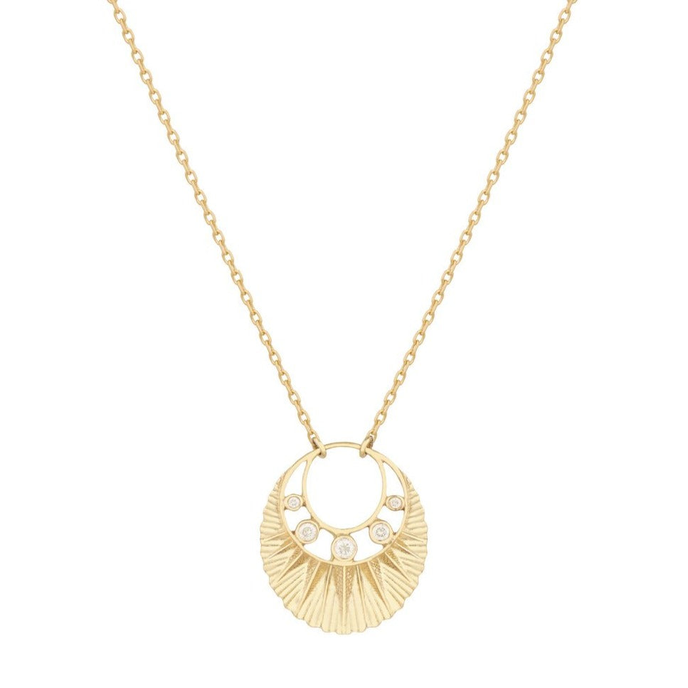 Celine D'aoust gold necklace with moon and sun pendant and diamonds, front view