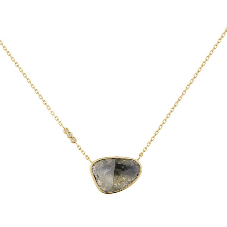 Celine D'aoust gold necklace with gray diamond slice and diamonds, front view