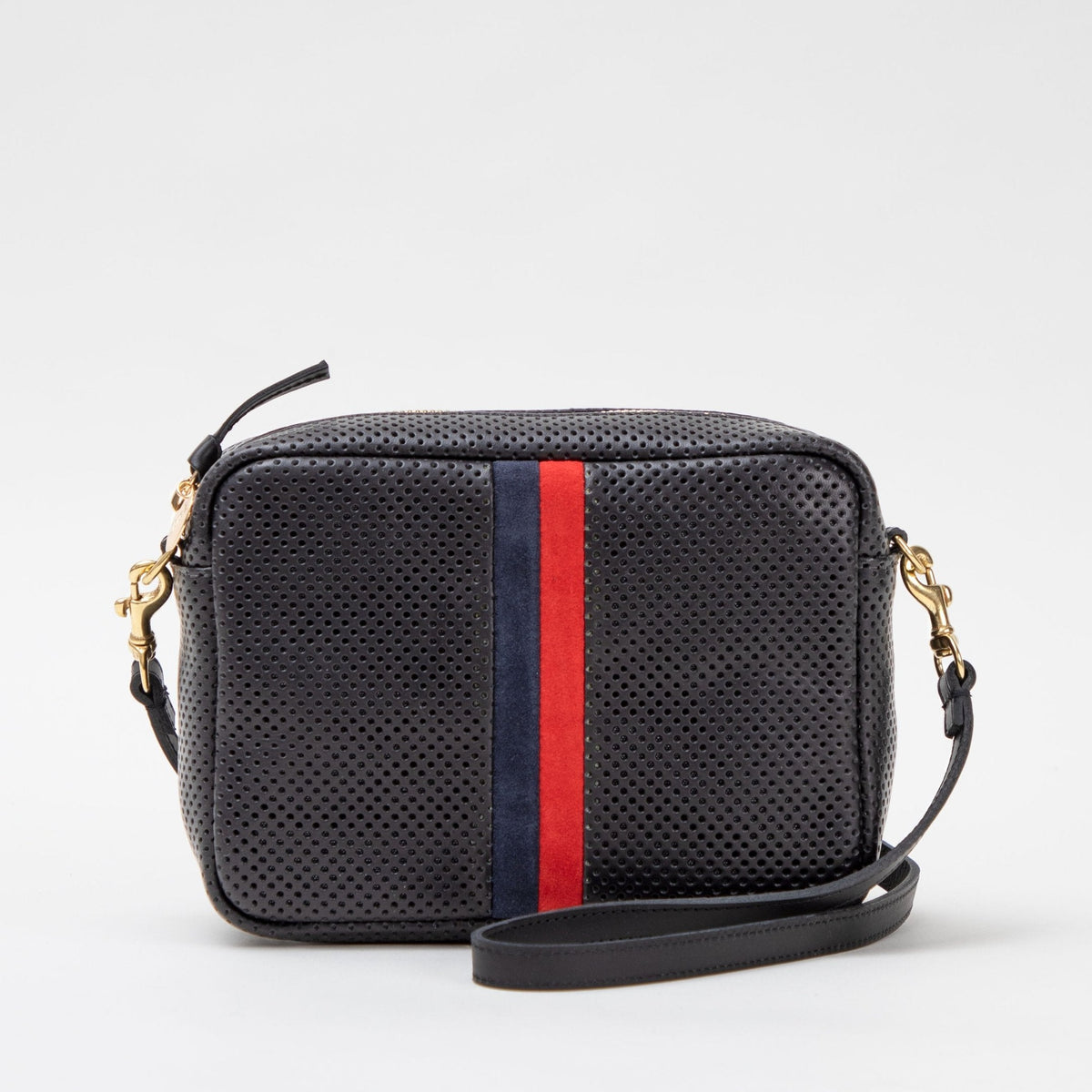 $345 Clare V. Los Angeles Midi Sac Stripe Perforated Leather Crossbody Bag  Black