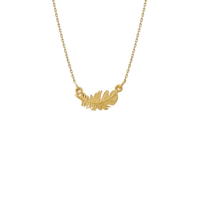 Alex Monroe gold necklace with feather pendant, front view