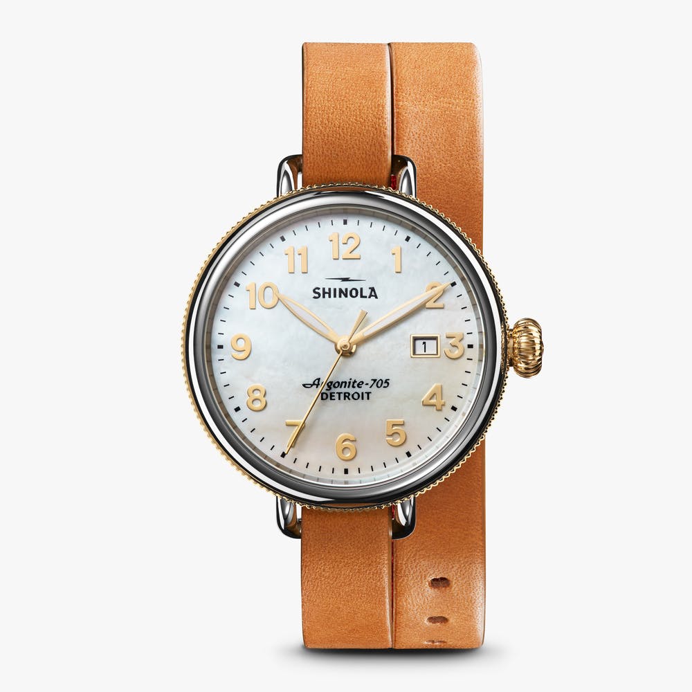 Shinola stainless steel watch with double looped bourbon leather strap, front view