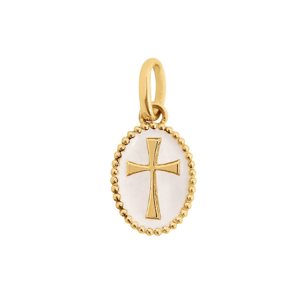 Gigi Clozeau white and gold cross charm, front view