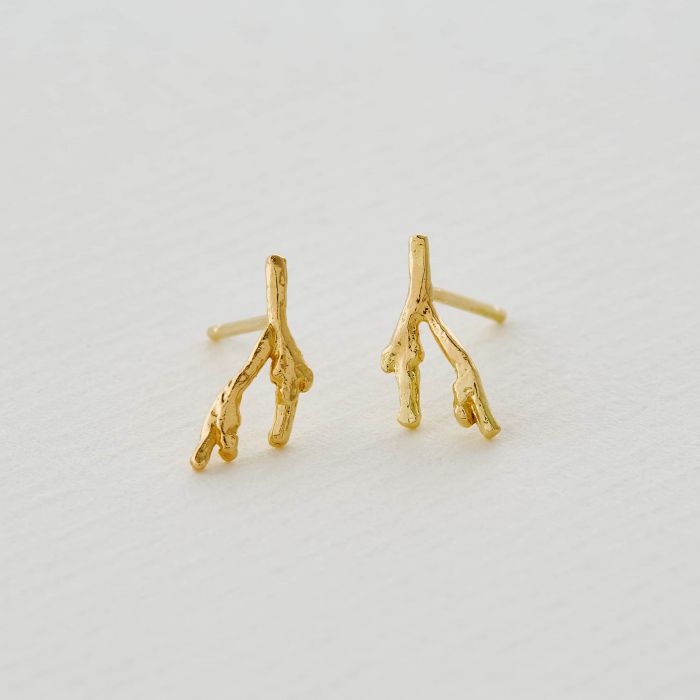 Alex Monroe gold stud branch earrings, angled front view