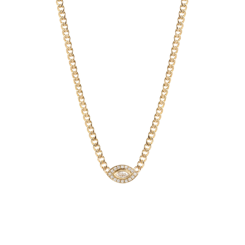 Zoe Chicco gold chain with pave diamond eye pendant, front view