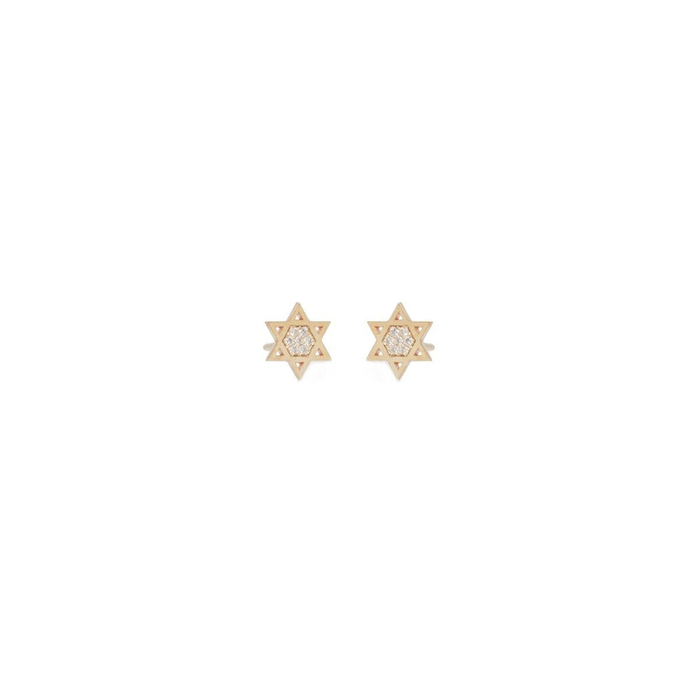 Zoe Chicco gold star of david stud earrings with pave diamonds, front view