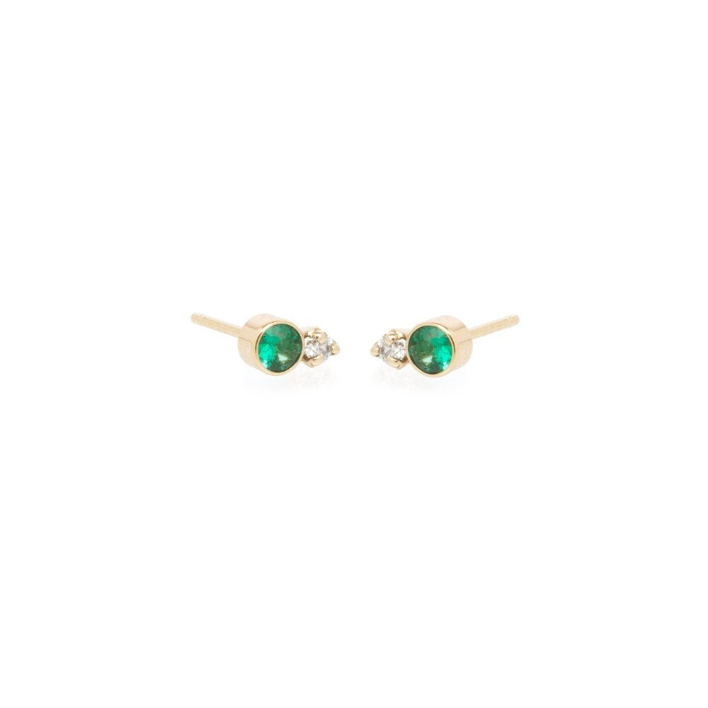 Zoe Chicco gold stud earrings with emerald and diamond, angled front view