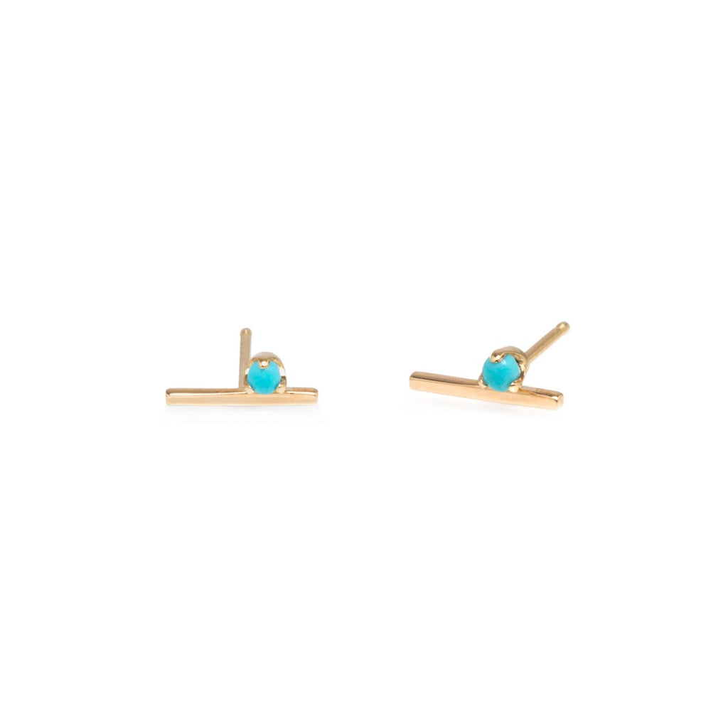 Zoe Chicco gold thin bar stud earrings with turquoise, front view