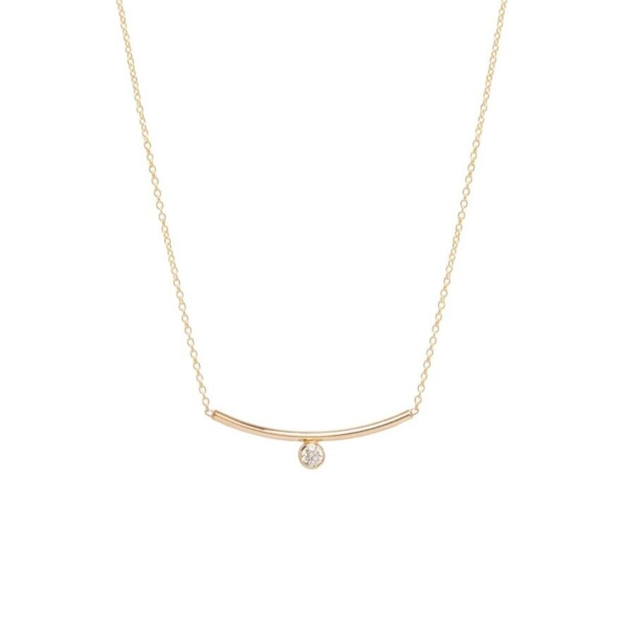 Zoe Chicco gold curved bar necklace with diamond, front view