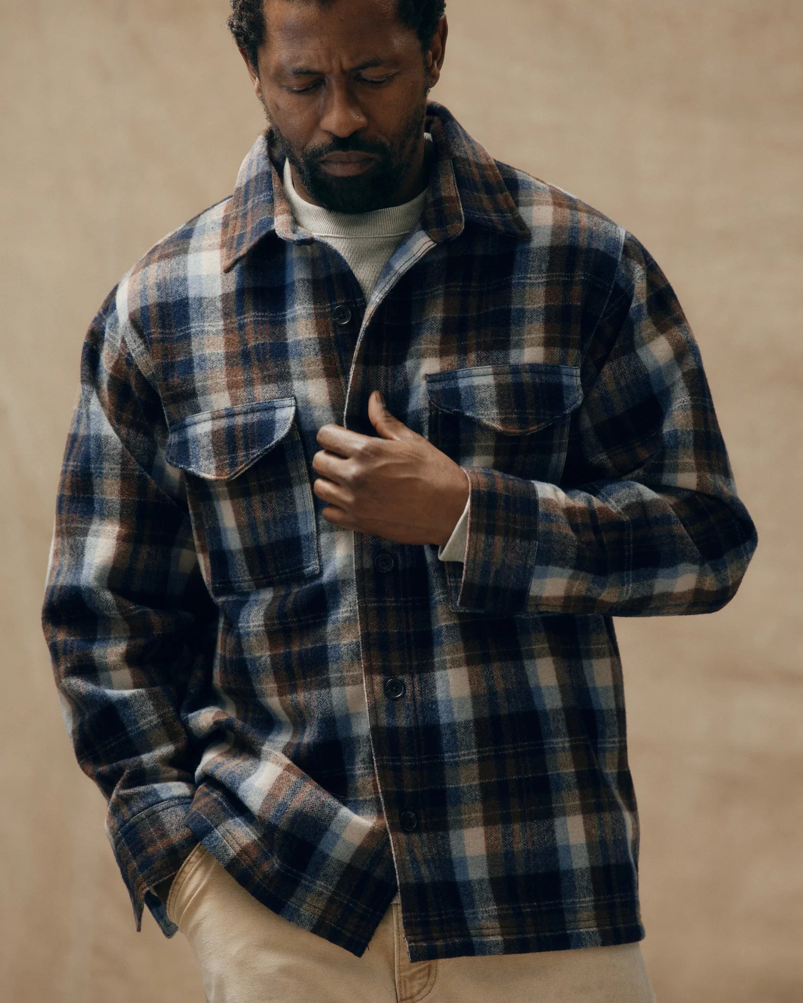 Wool Jac-Shirt, Brown and Light Blue Multi Plaid