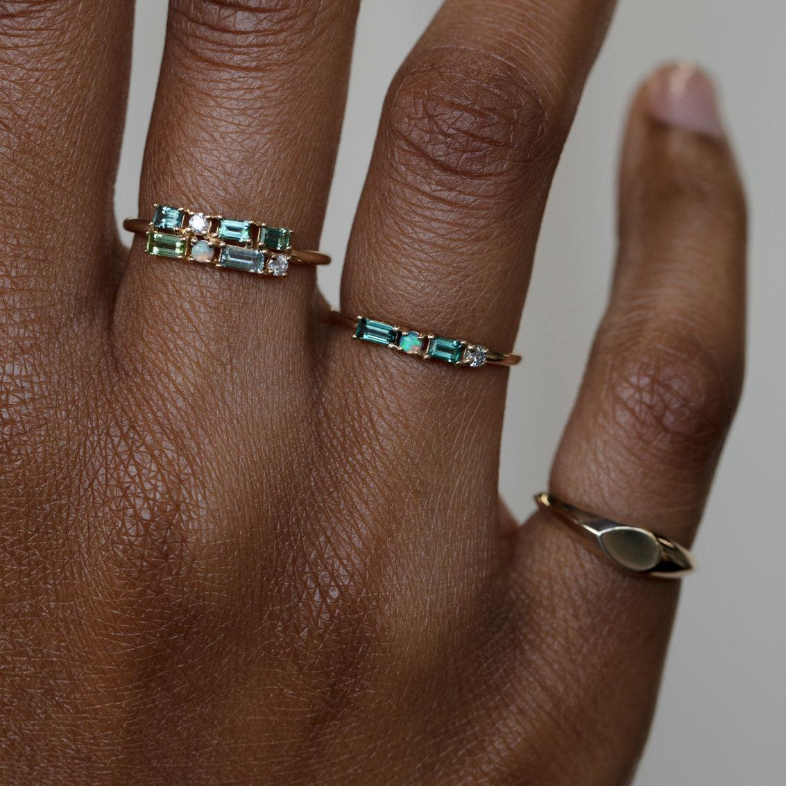 Tourmaline, Opal and Diamond Pillar Ring