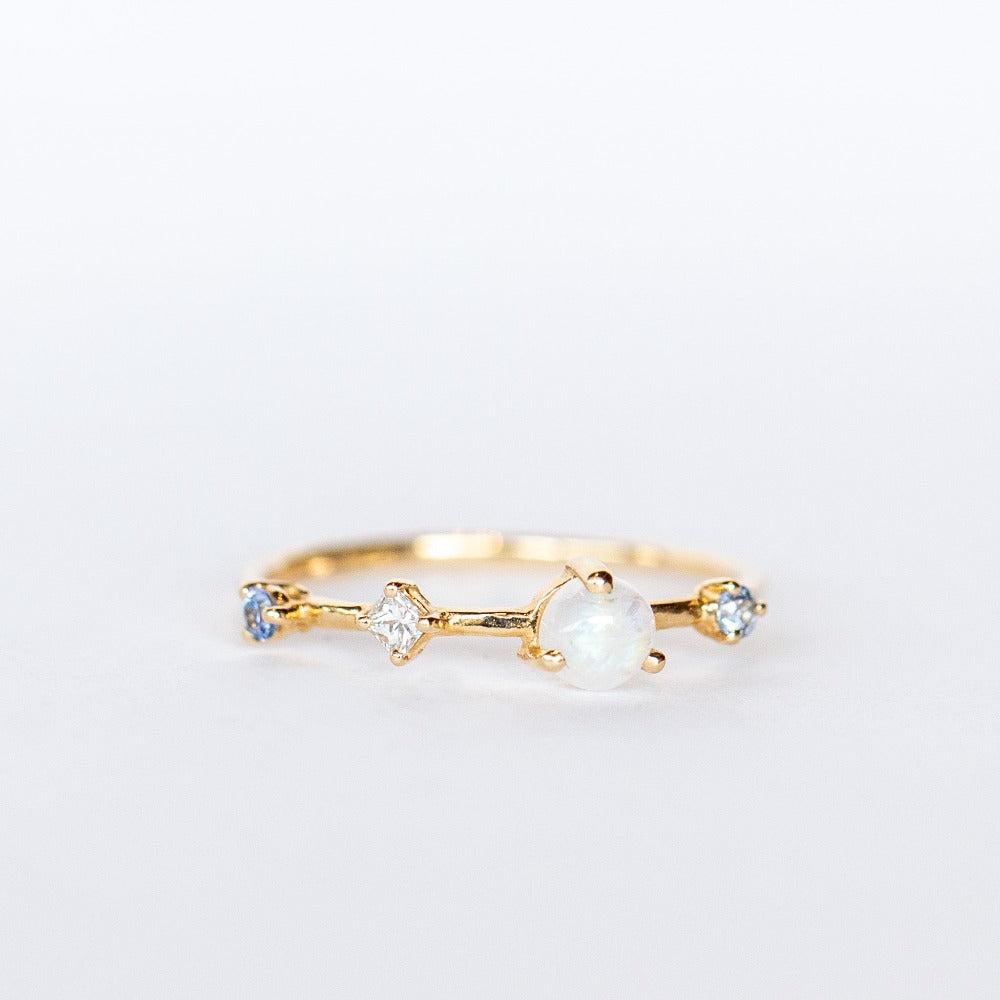 Moonstone, Sapphire and Diamond Dots Ring