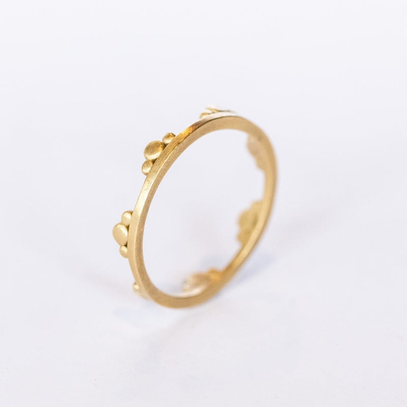 A dainty gold ring with dot trios along one side from Ananda Khalsa.