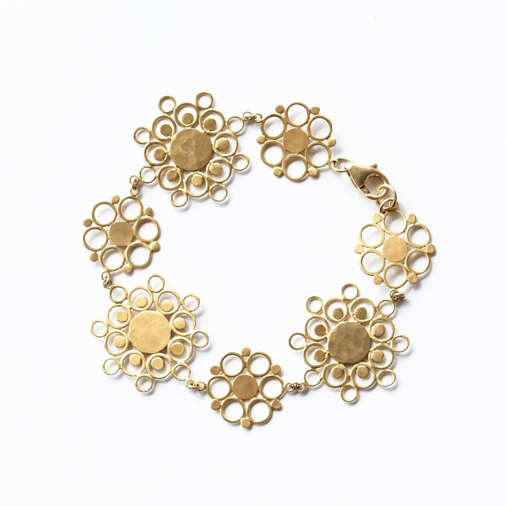 A chain bracelet made up of yellow gold, lace-like mandala shapes from Ananda Khalsa.