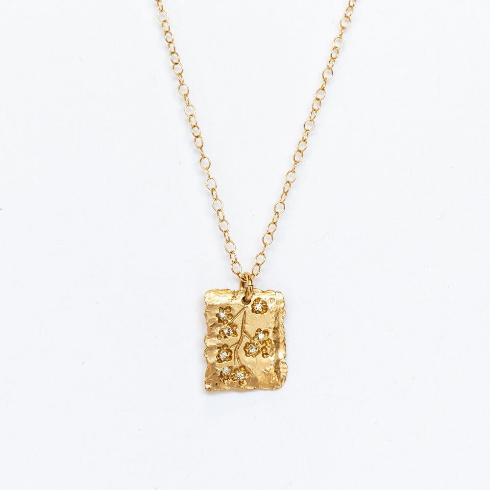 Victoria Cunningham | Rectangular Stamped Cherry Blossom Necklace with Diamonds