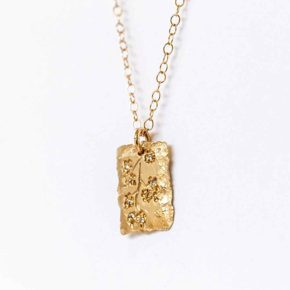 Victoria Cunningham | Rectangular Stamped Cherry Blossom Necklace with Diamonds