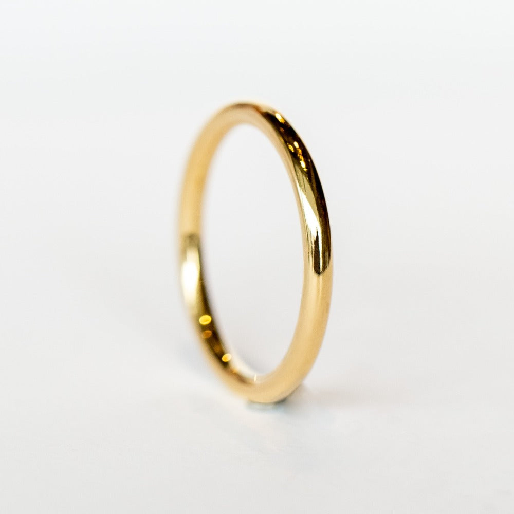 A polished yellow gold wedding band.