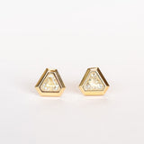 Triangular, lozenge cut diamonds bezel set in yellow gold stud earrings.