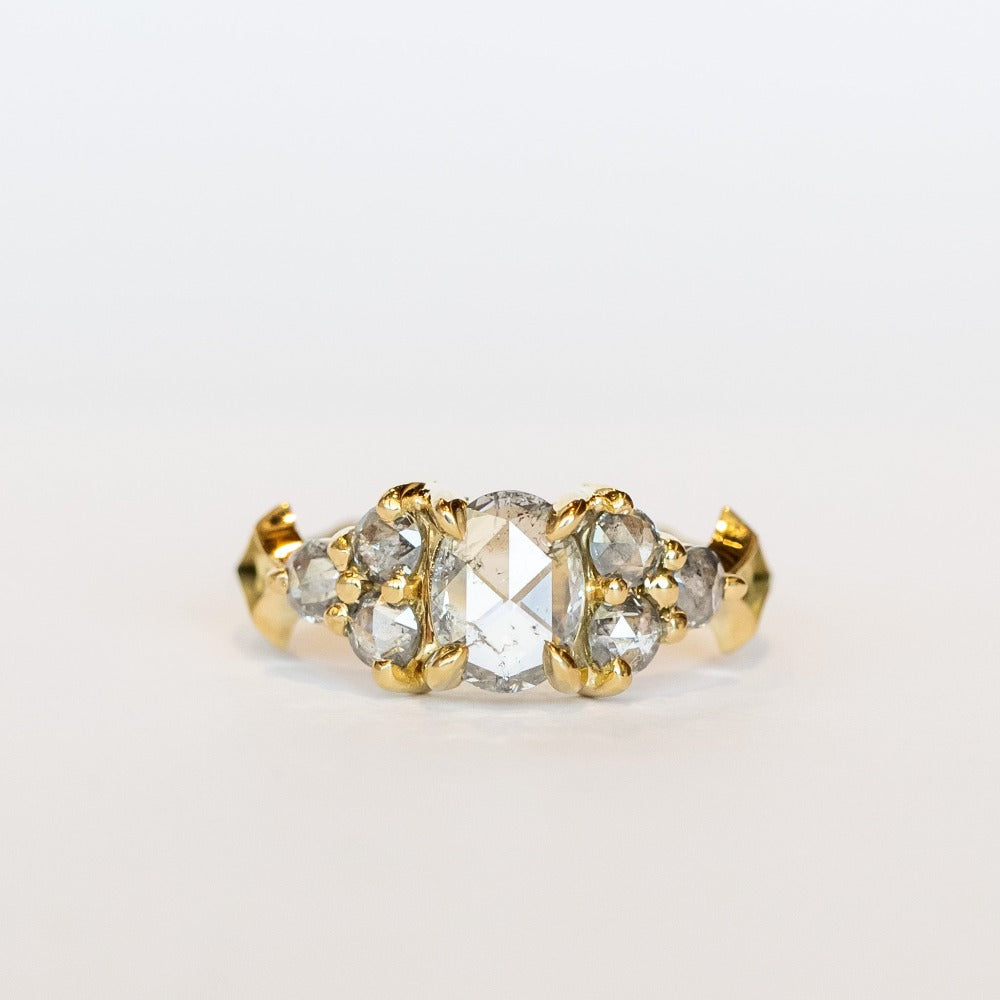 A diamond engagement ring featuring salt and pepper diamonds, an oval at the center, flanked by clusters of three smaller diamonds on each side, set in 18 karat yellow gold.