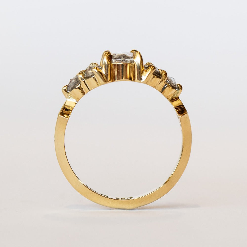 A diamond engagement ring featuring salt and pepper diamonds, an oval at the center, flanked by clusters of three smaller diamonds on each side, set in 18 karat yellow gold.