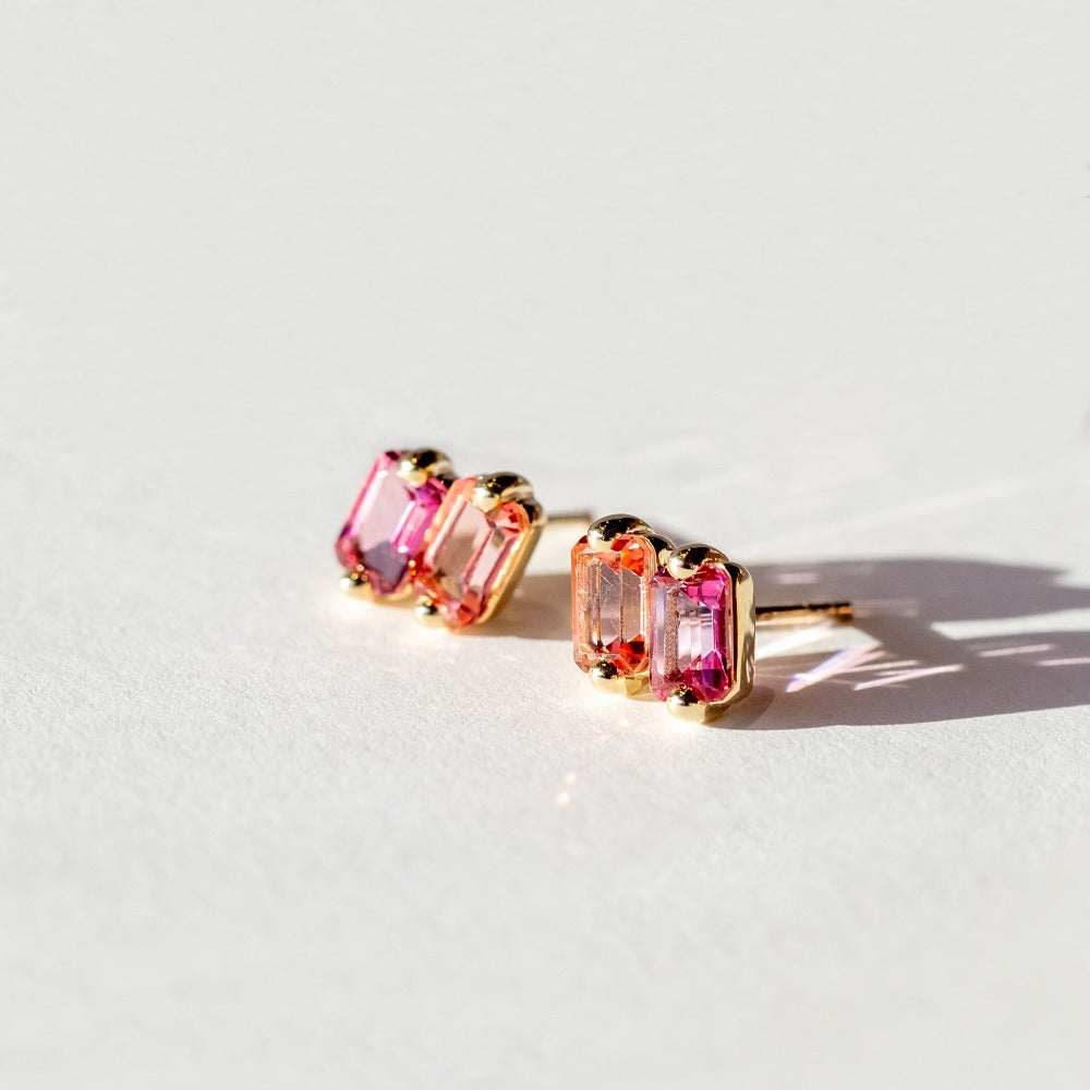 Suzanne Kalan | 14k Emerald Cut Salmon and Pink Topaz Stud Earrings