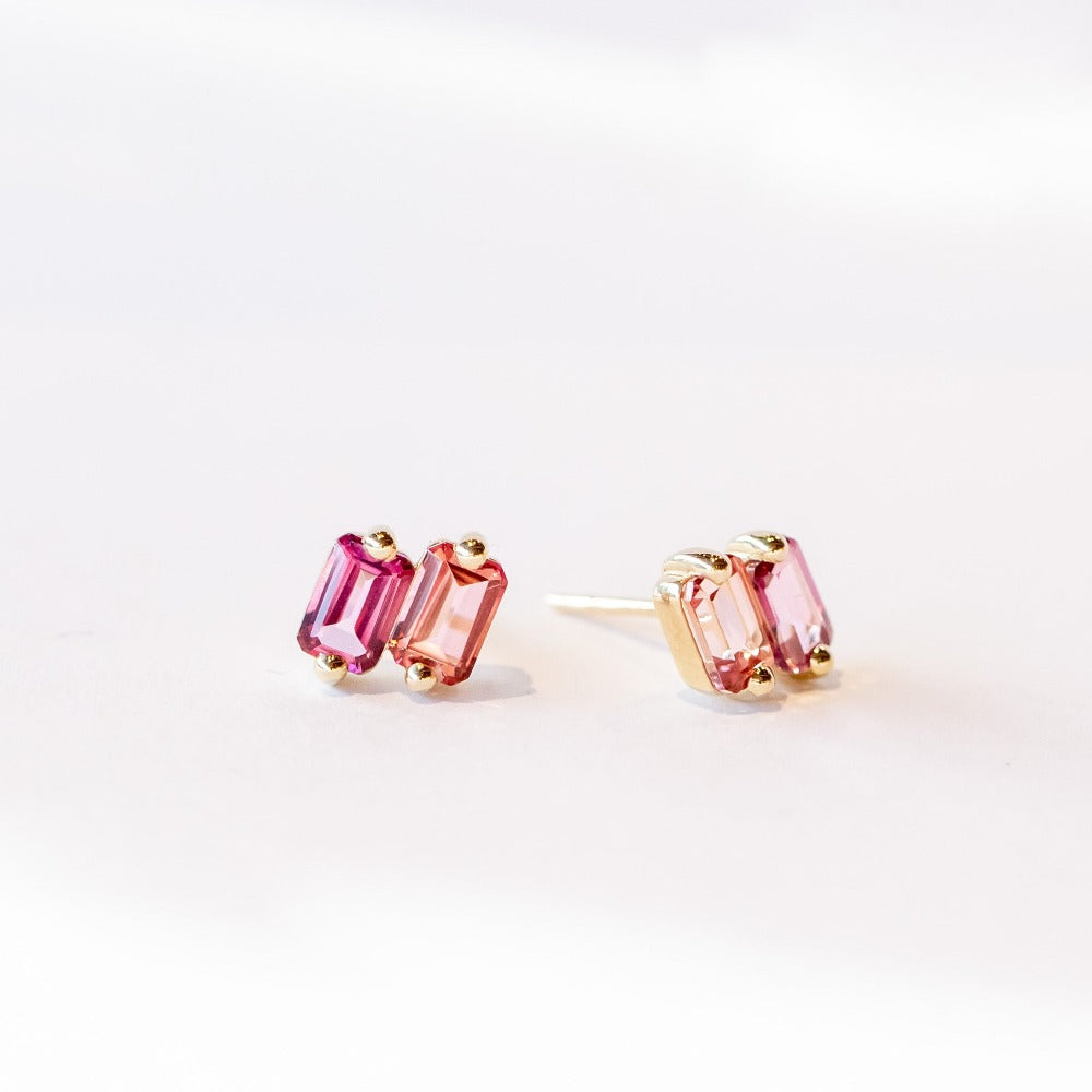 Suzanne Kalan | 14k Emerald Cut Salmon and Pink Topaz Stud Earrings