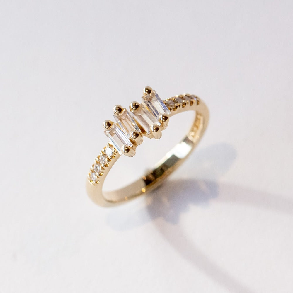 Suzanne Kalan | 14k Four Rainbow Moonstone Baguette and Diamond Ring