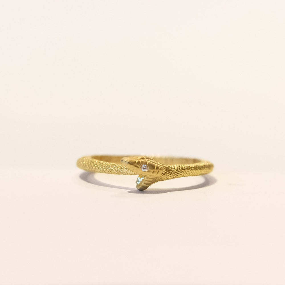 A carved yellow gold snake ouroboros ring with diamond eyes.