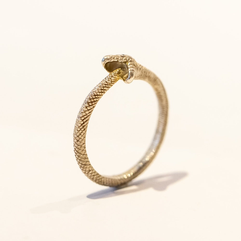 An intricately carved sterling silver ouroboros snake ring with diamond eyes.