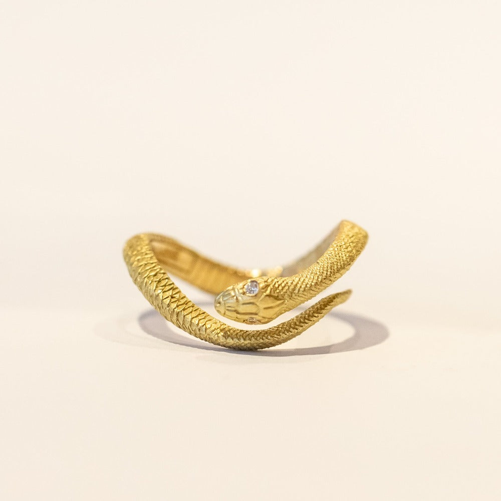 A carved serpent snake ring that wraps the finger, with diamond eyes.