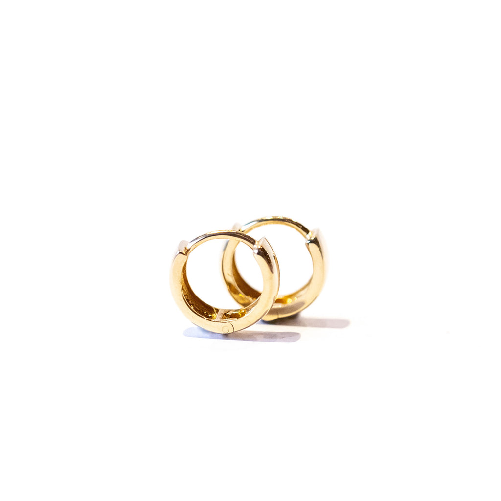 A small, wide gold hoop earring.