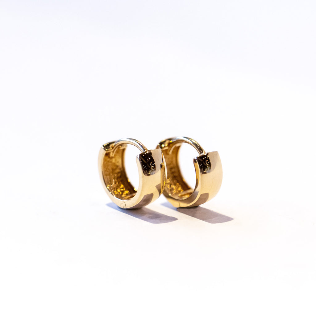 A small, wide gold hoop earring.