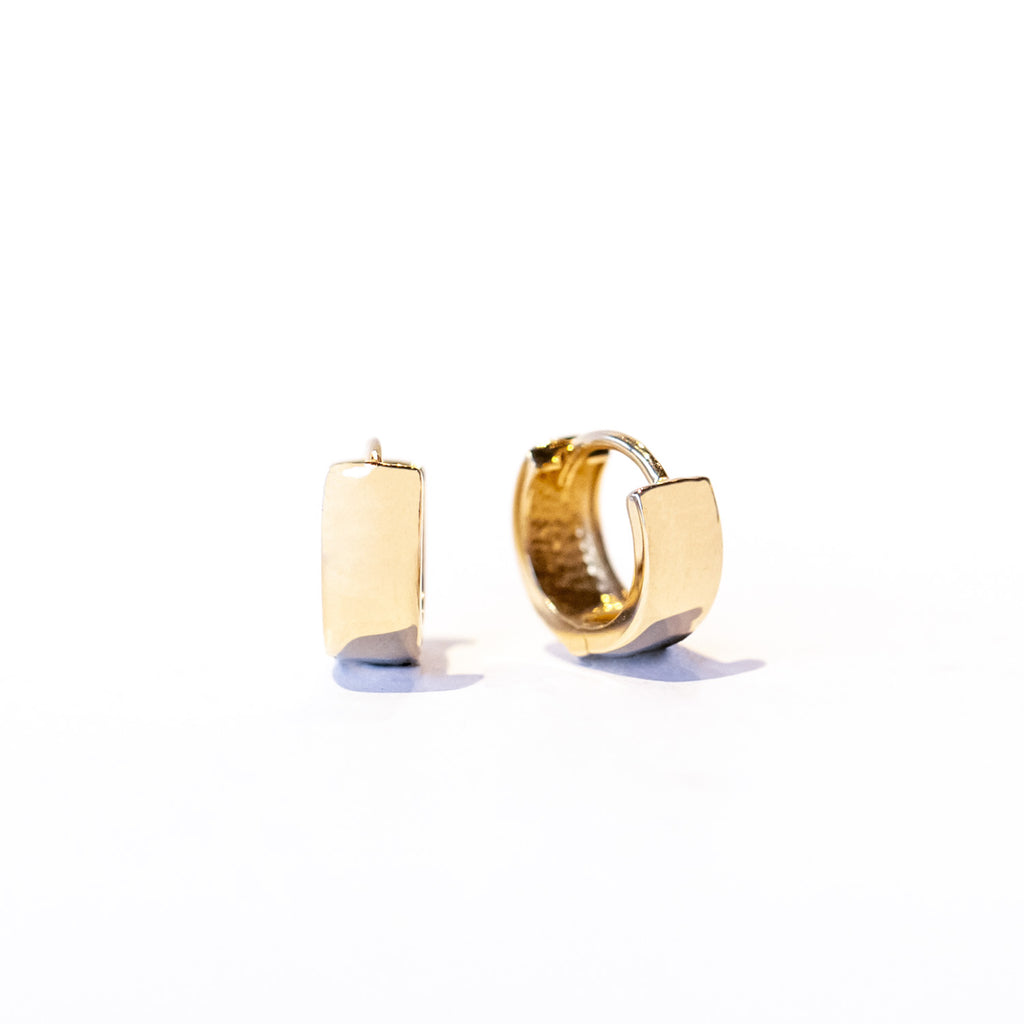A small, wide gold hoop earring.