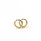 A pair of small gold twist design hoop earrings.