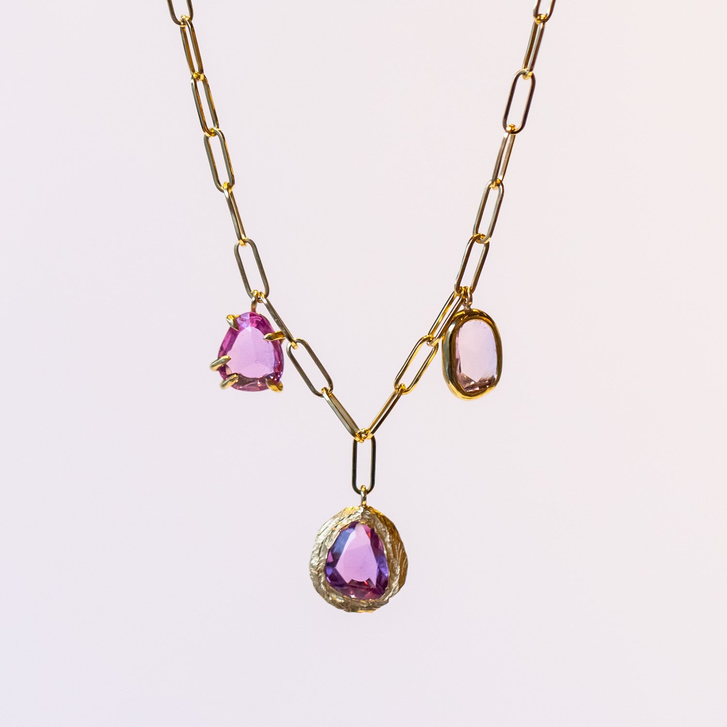 Mixed Setting Triple Pink Sapphire Necklace