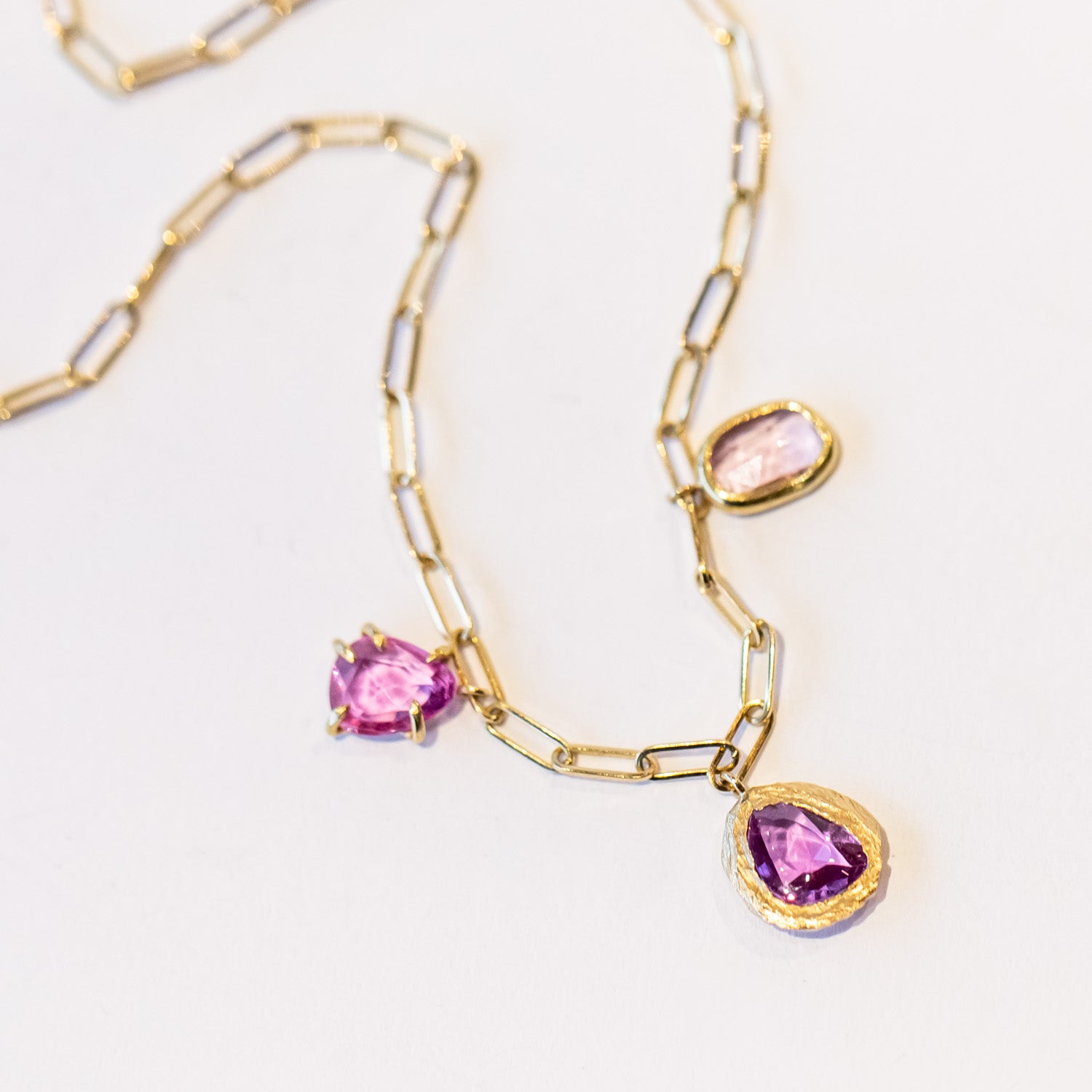 Mixed Setting Triple Pink Sapphire Necklace
