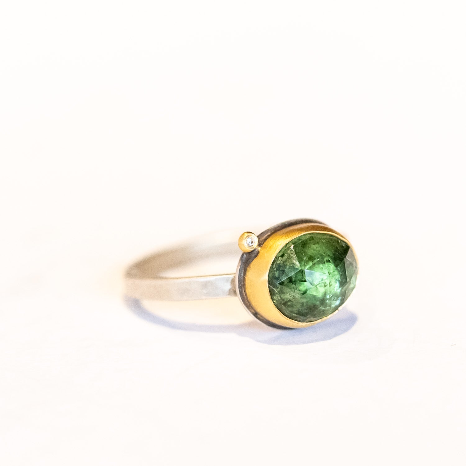 Rose Cut Green Tourmaline Ring with Diamond