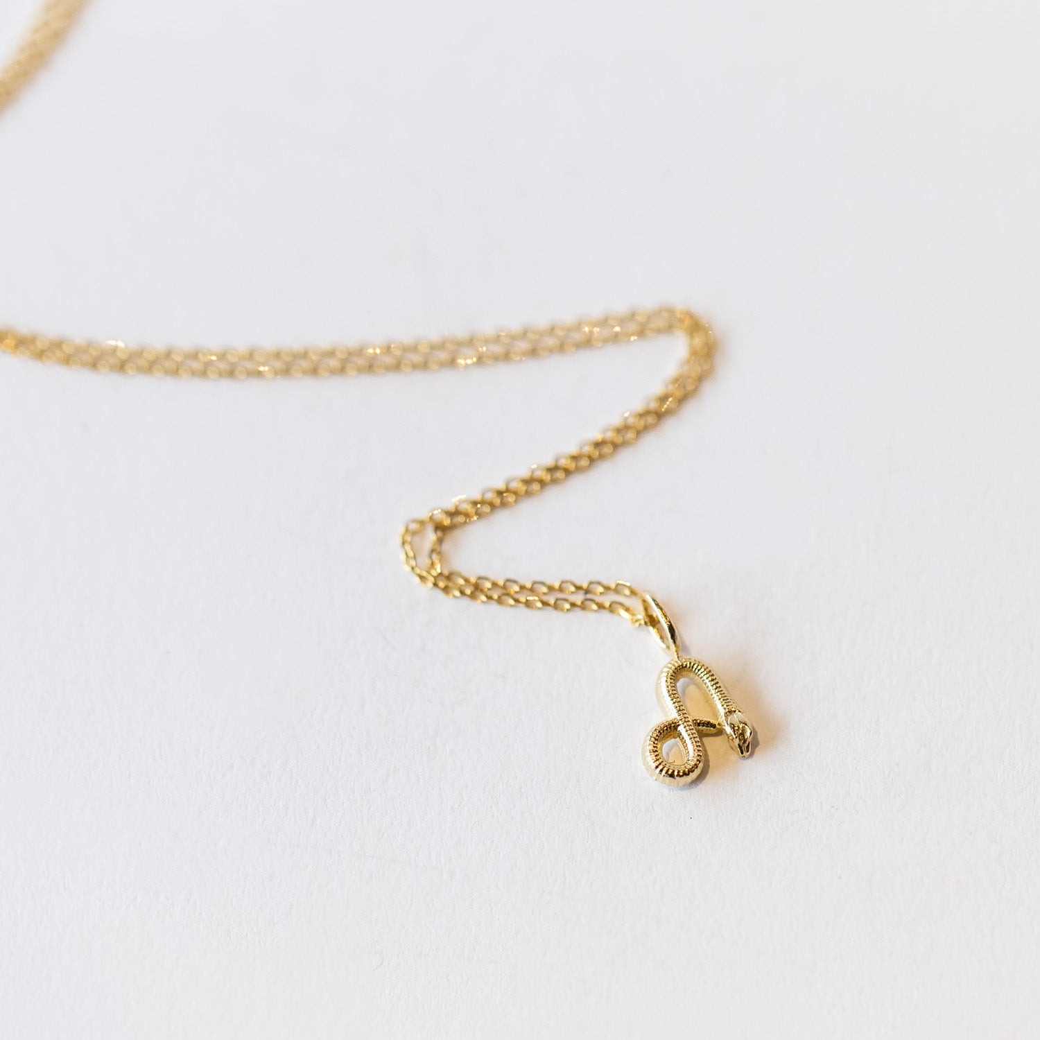 A letter "A" gold pendant with a snake making up the letter, hanging on a cable chain necklace.