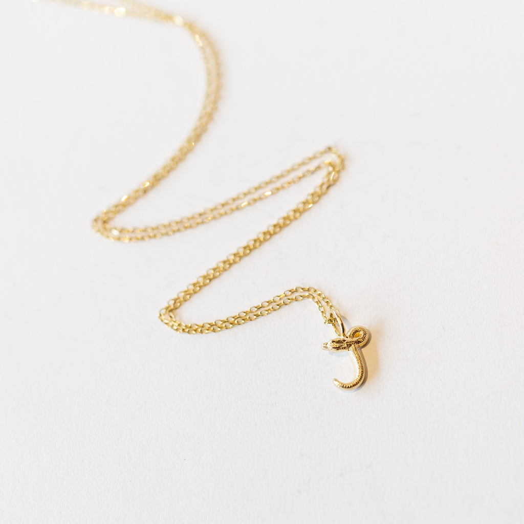 A tiny snake forms a letter "J" pendant in yellow gold on a cable chain necklace.