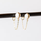 Bezel Wrap Pearl Chain Stud Earrings
