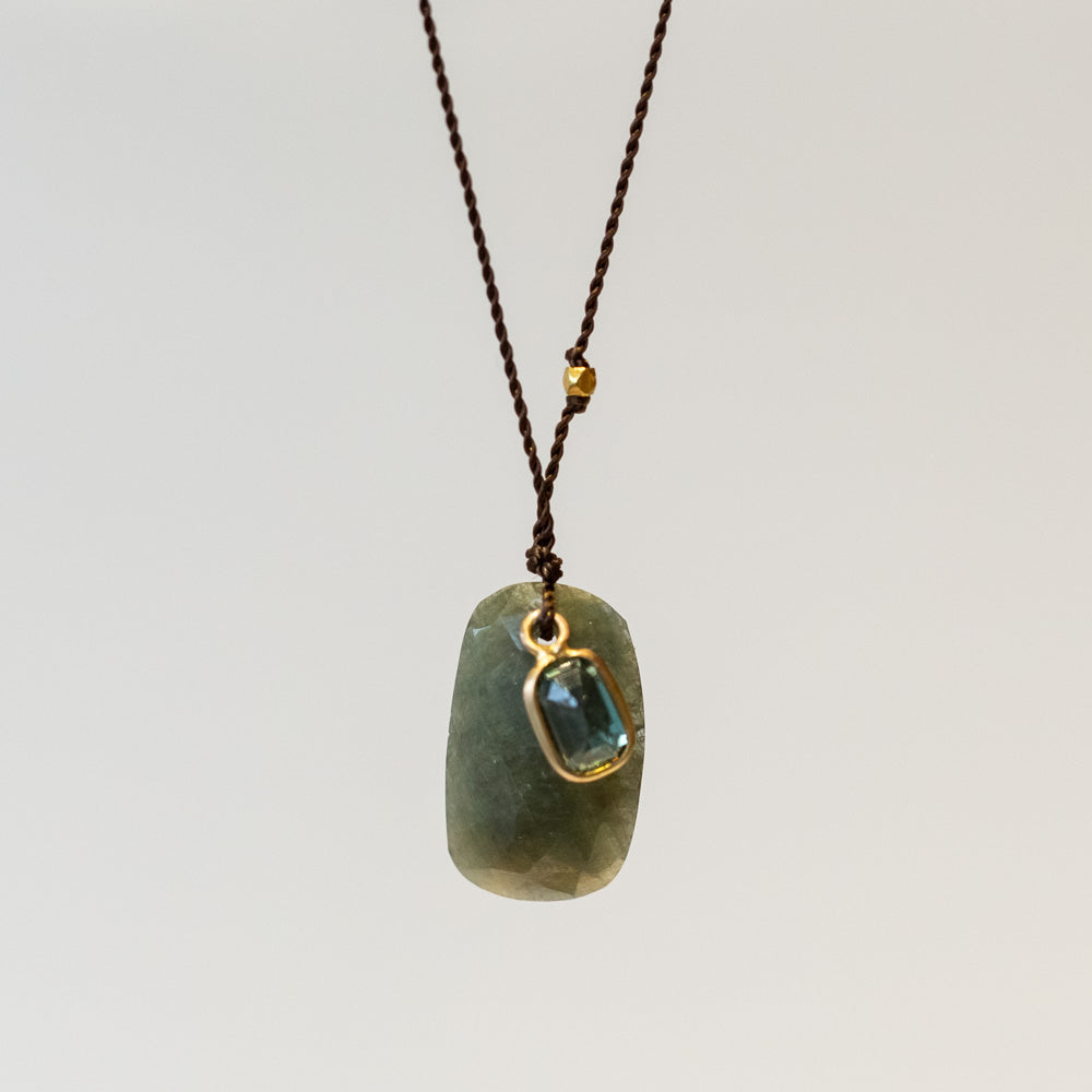 Green Garnet Slice Necklace with Sapphire Dangle