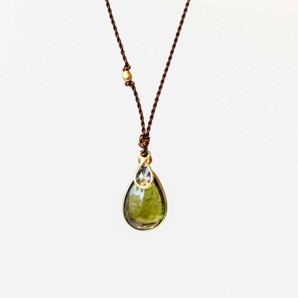 Teardrop Dark Green Tourmaline Necklace with Diamond Dangle