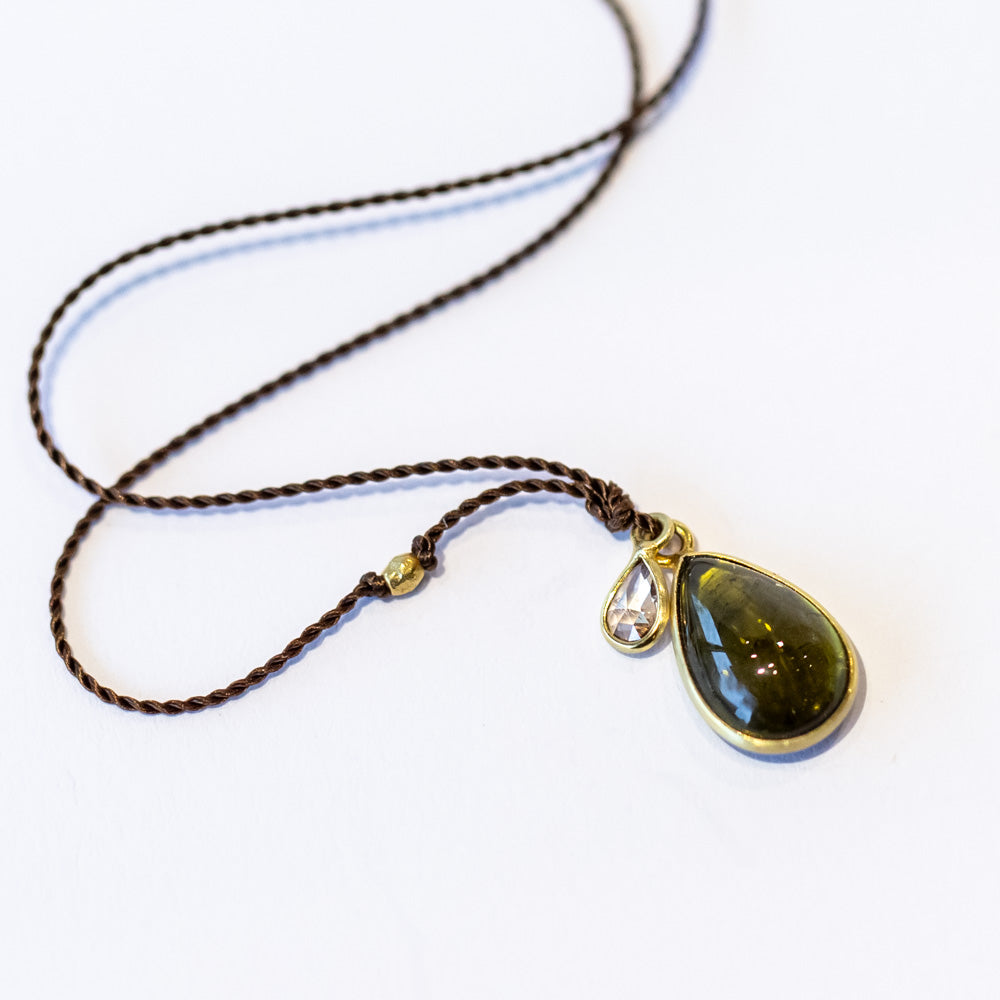 Margaret Solow Teardrop Dark Green Tourmaline Cord Necklace with