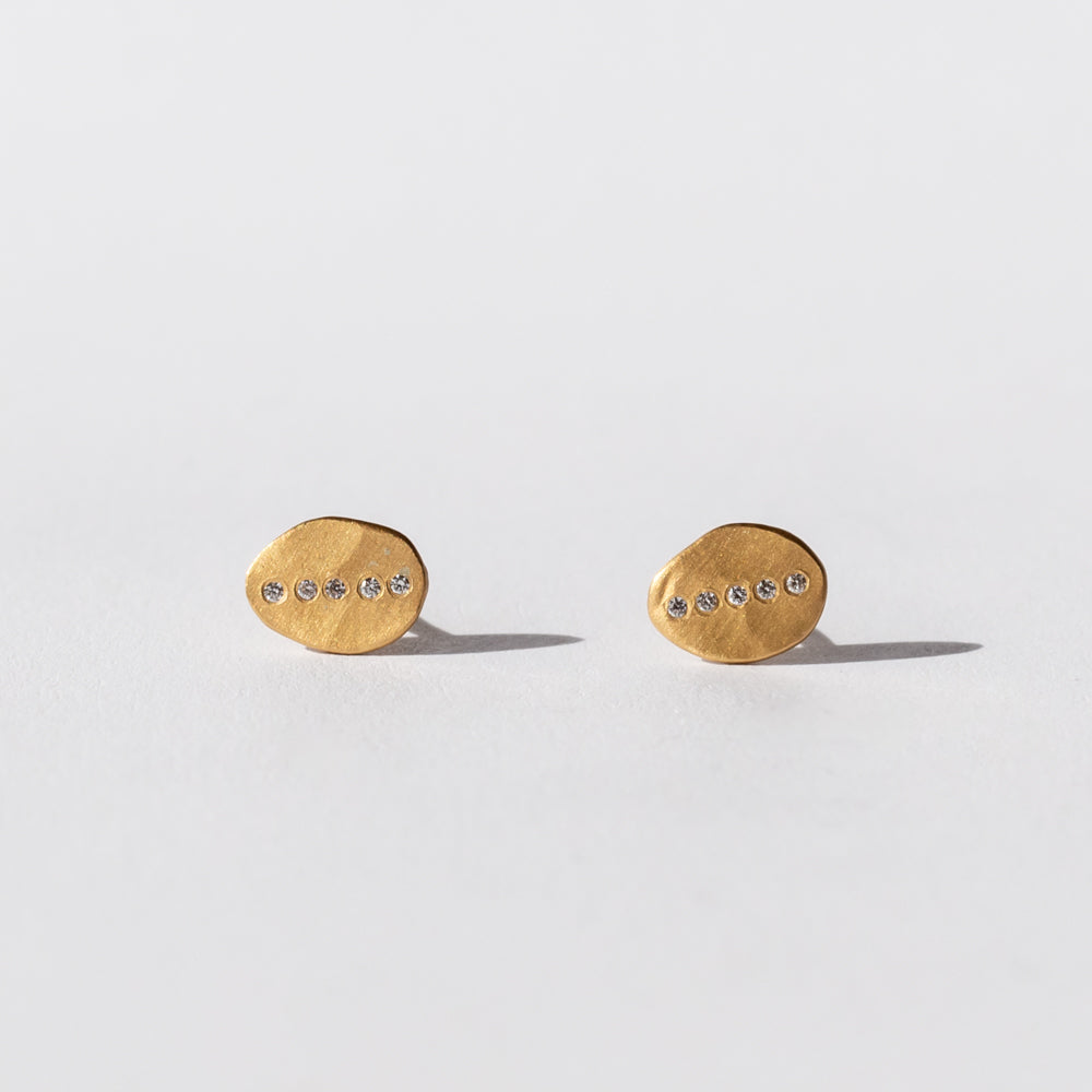 Hammered Oval Stud Earrings with Diamond Line