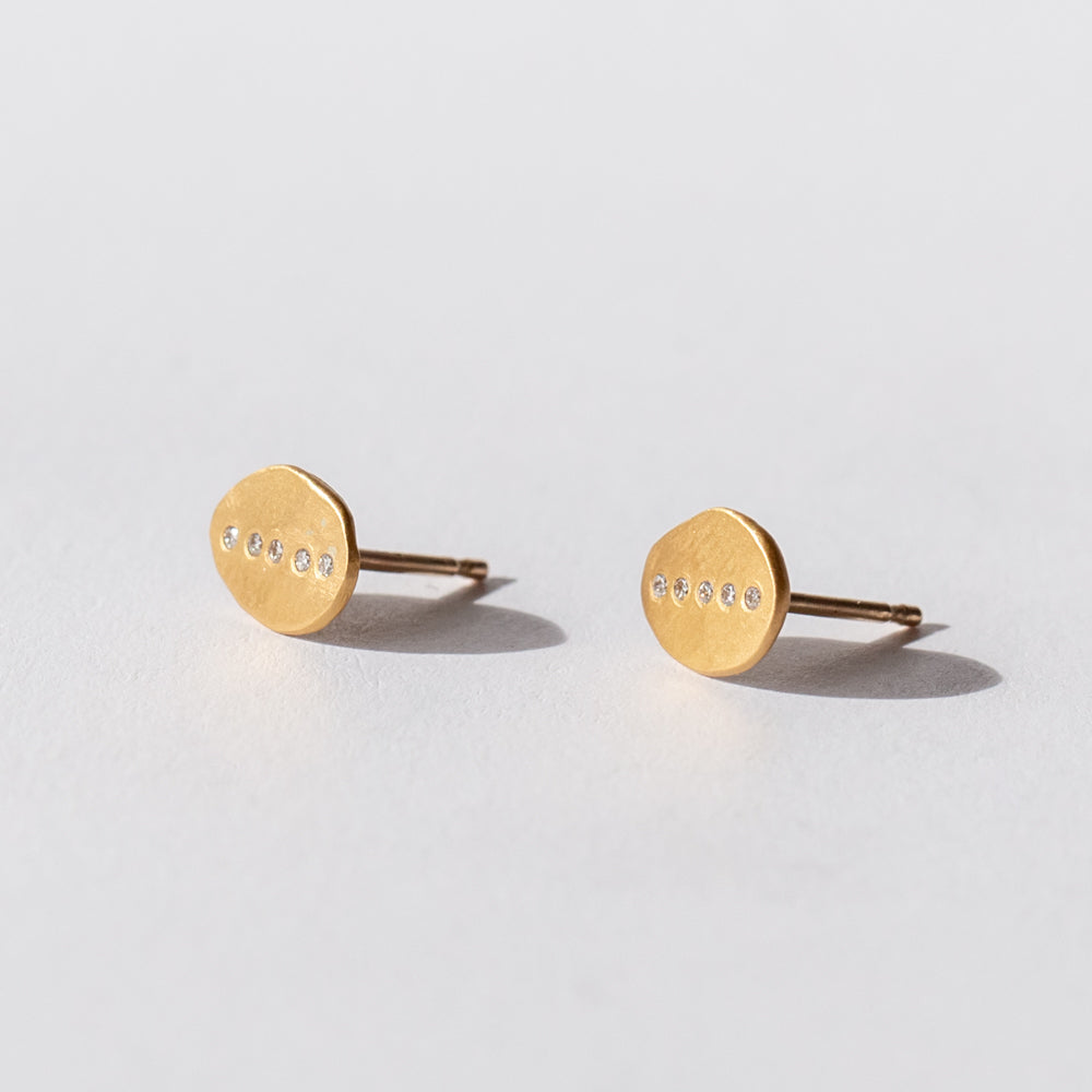 Hammered Oval Stud Earrings with Diamond Line