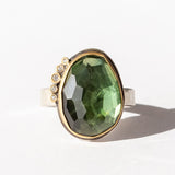 Large Rose Cut Green Tourmaline Ring with Five Diamond Dots