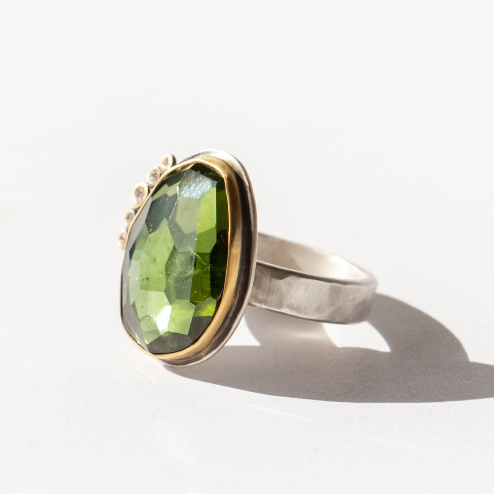 Large Rose Cut Green Tourmaline Ring with Five Diamond Dots