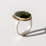 Large Rose Cut Green Tourmaline Ring with Five Diamond Dots