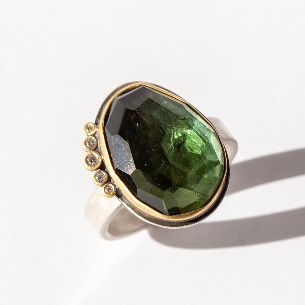Large Rose Cut Green Tourmaline Ring with Five Diamond Dots